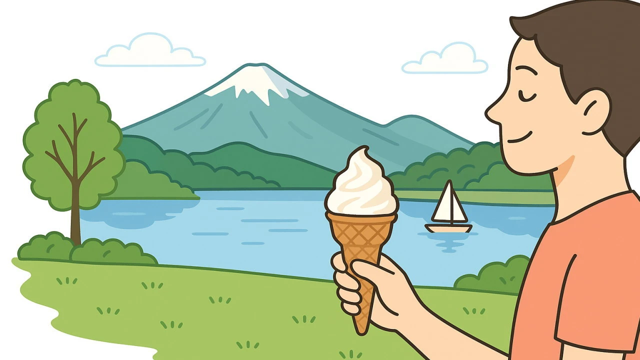 山と湖を背景にアイスクリームを持ち連休を楽しむ男性のイラスト
